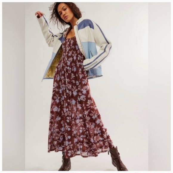 Free People Starlit Nights MIDI Dress Smocked Sheer Slip Floral Medium Med M FP - Picture 4 of 8